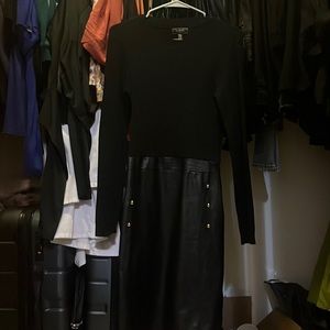 Sweater dress with faux leather detail